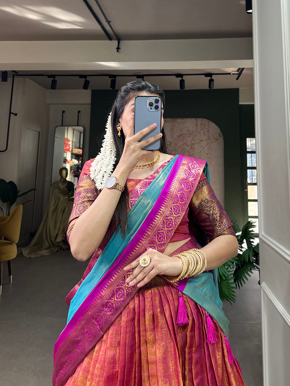 Pink Exquisite Kanjivaram Silk Lehenga Choli with Zari Weaving