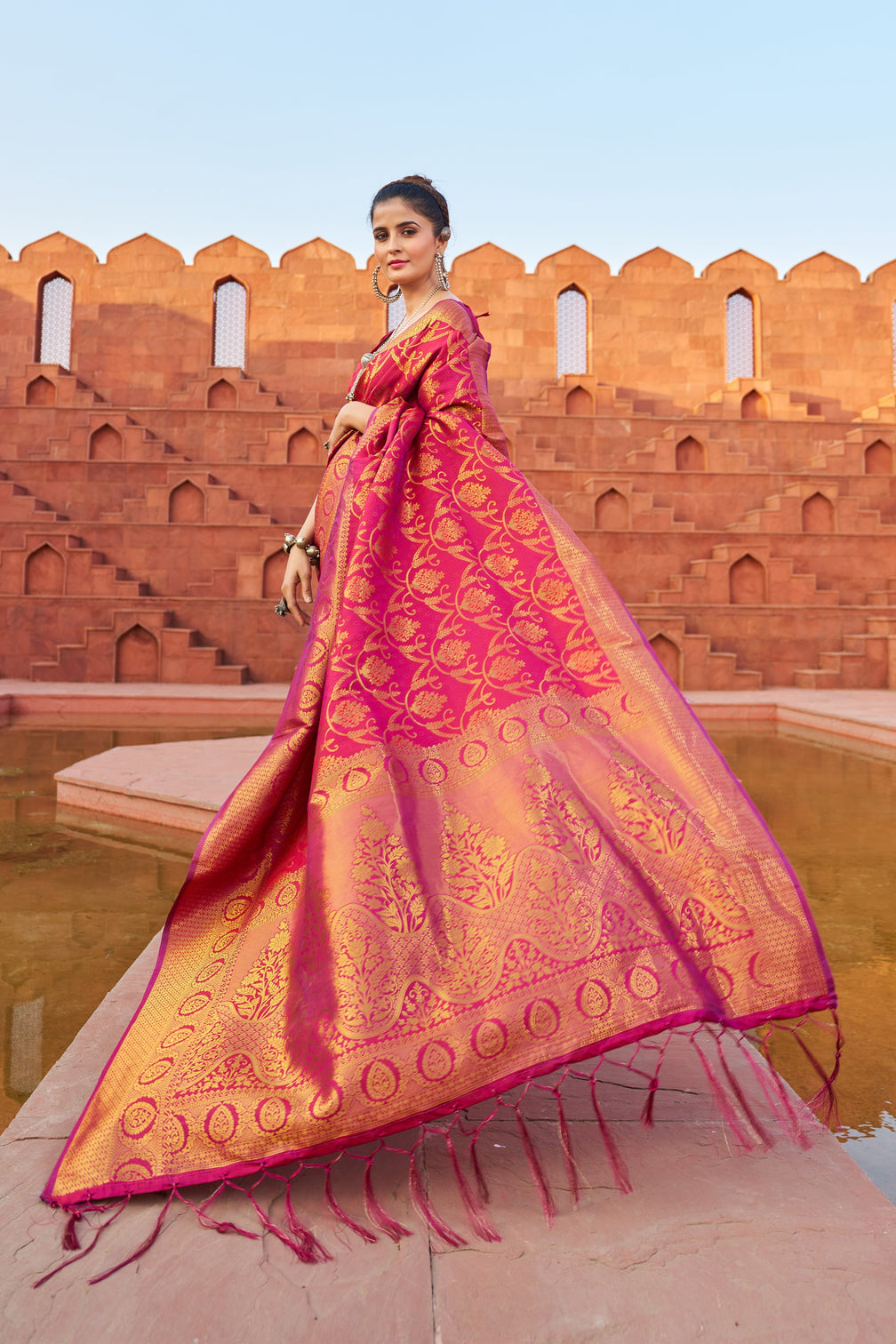 Pink Exquisite Litchi Silk Banarasi Saree with Zari Woven Design