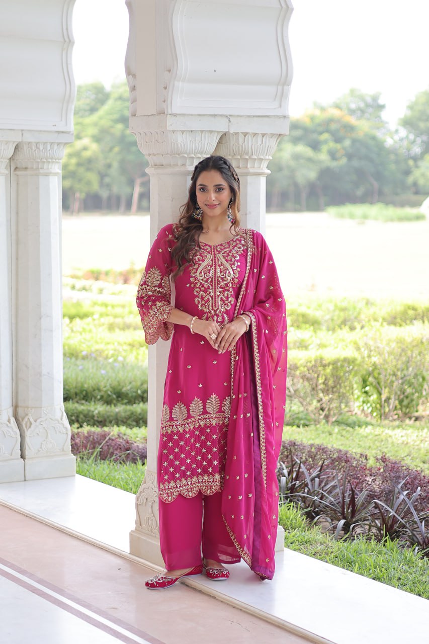 Pink Faux Blooming Embroidered Kurti Pant Set