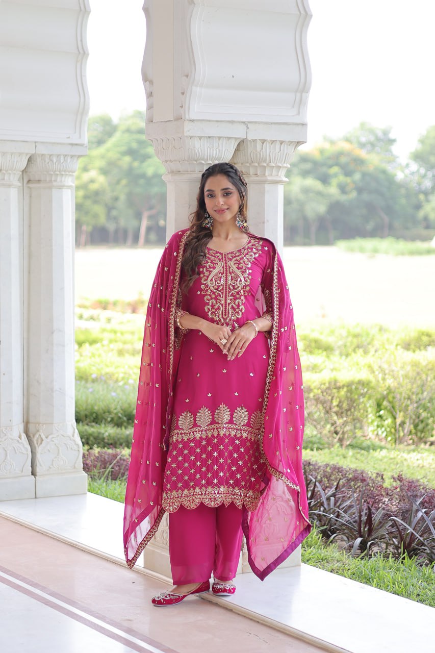 Pink Faux Blooming Embroidered Kurti Pant Set