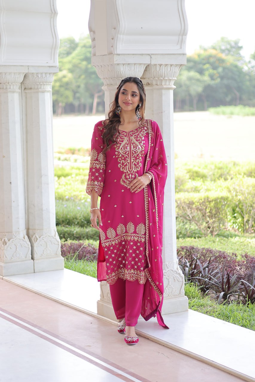 Pink Faux Blooming Embroidered Kurti Pant Set