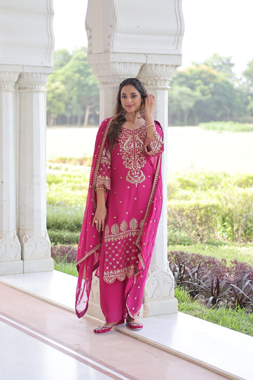 Pink Faux Blooming Embroidered Kurti Pant Set