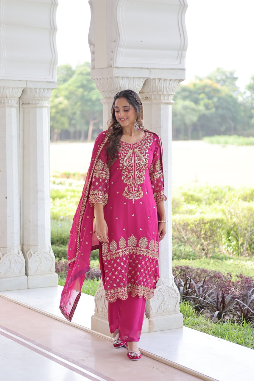 Pink Faux Blooming Embroidered Kurti Pant Set