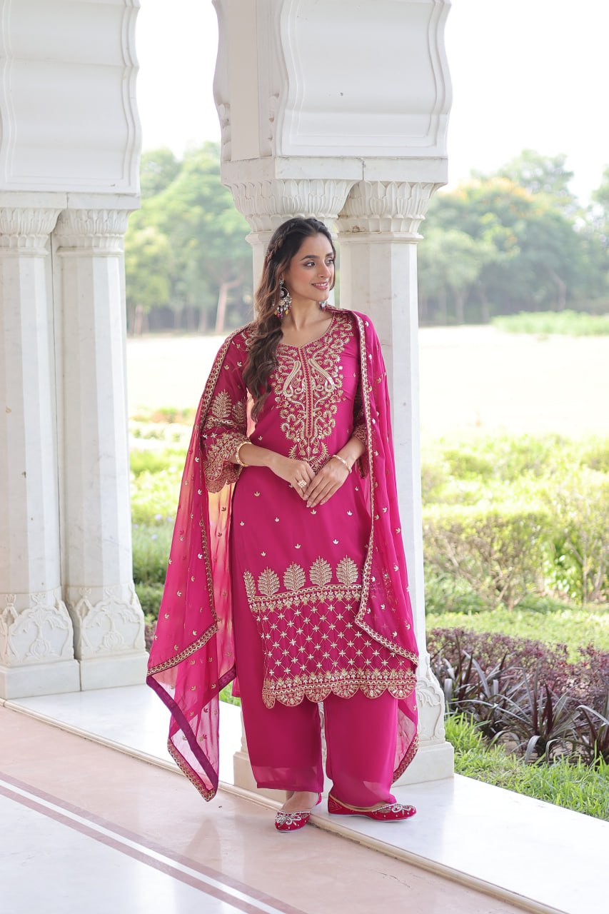 Pink Faux Blooming Embroidered Kurti Pant Set