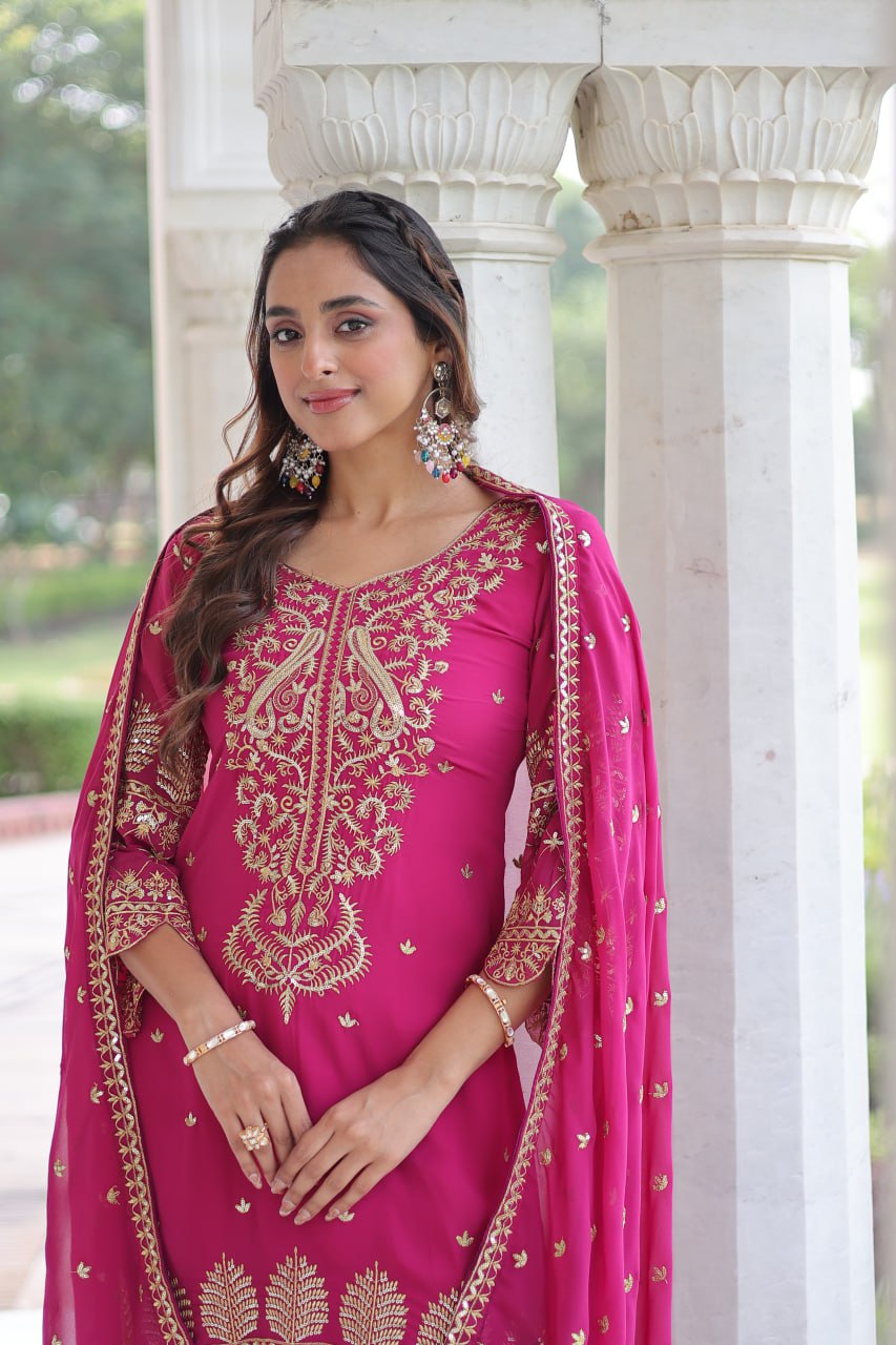 Pink Faux Blooming Embroidered Kurti Pant Set