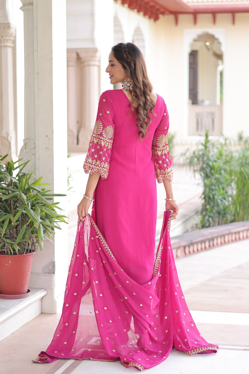 Pink Faux Blooming Embroidered Kurti Pant Set