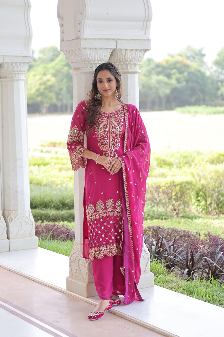 Pink Faux Blooming Embroidered Kurti Pant Set