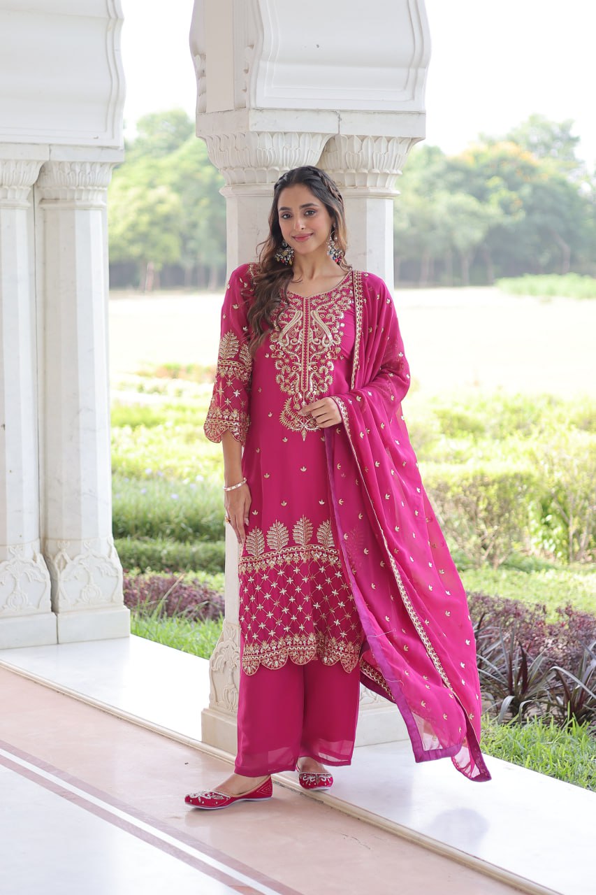 Pink Faux Blooming Embroidered Kurti Pant Set