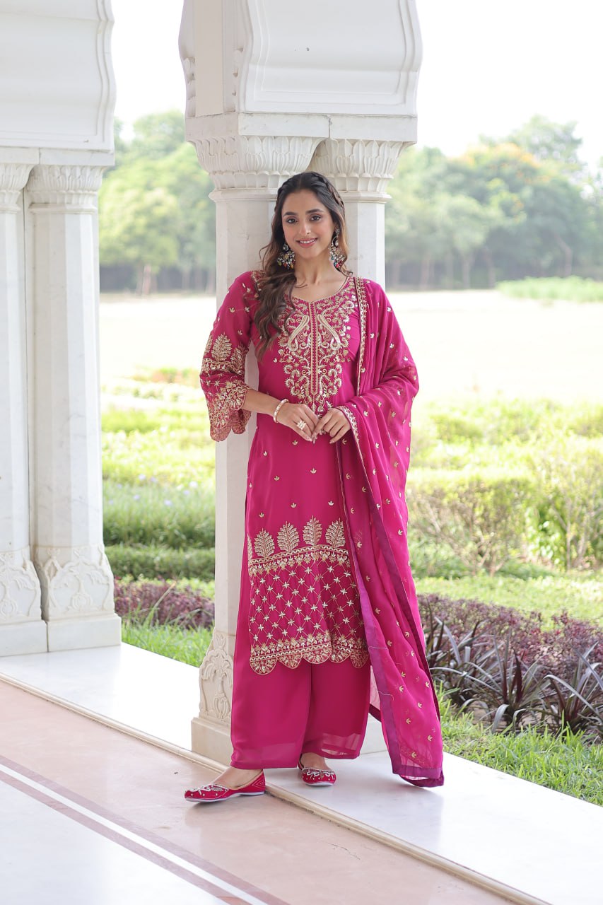 Pink Faux Blooming Embroidered Kurti Pant Set