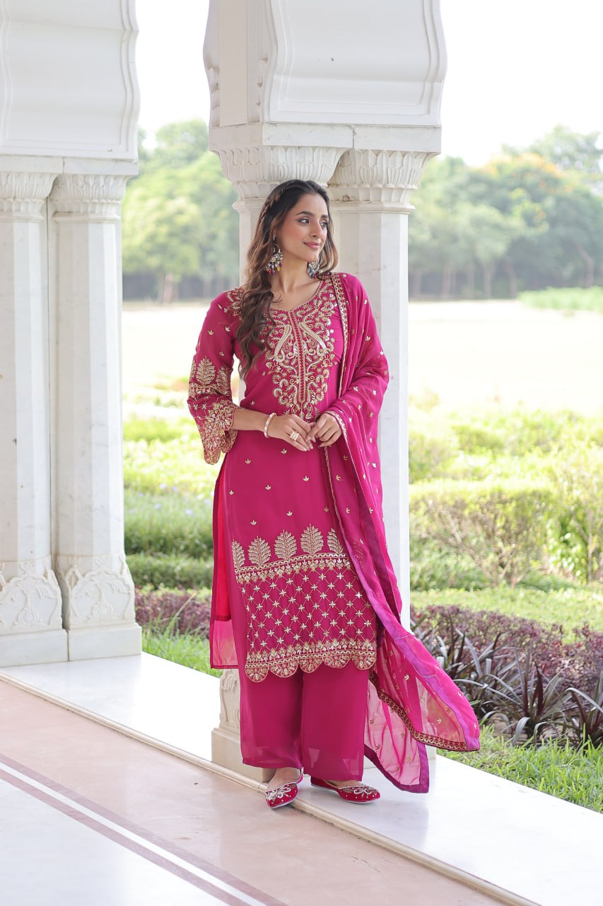 Pink Faux Blooming Embroidered Kurti Pant Set