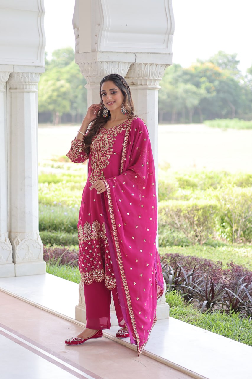 Pink Faux Blooming Embroidered Kurti Pant Set
