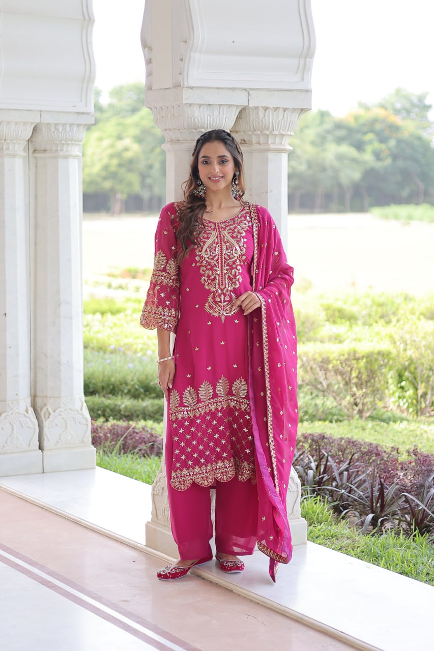 Pink Faux Blooming Embroidered Kurti Pant Set