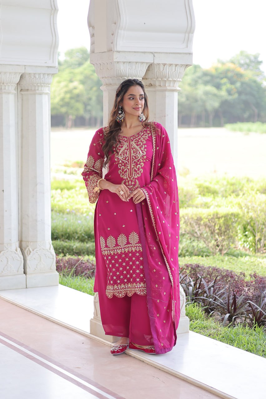 Pink Faux Blooming Embroidered Kurti Pant Set
