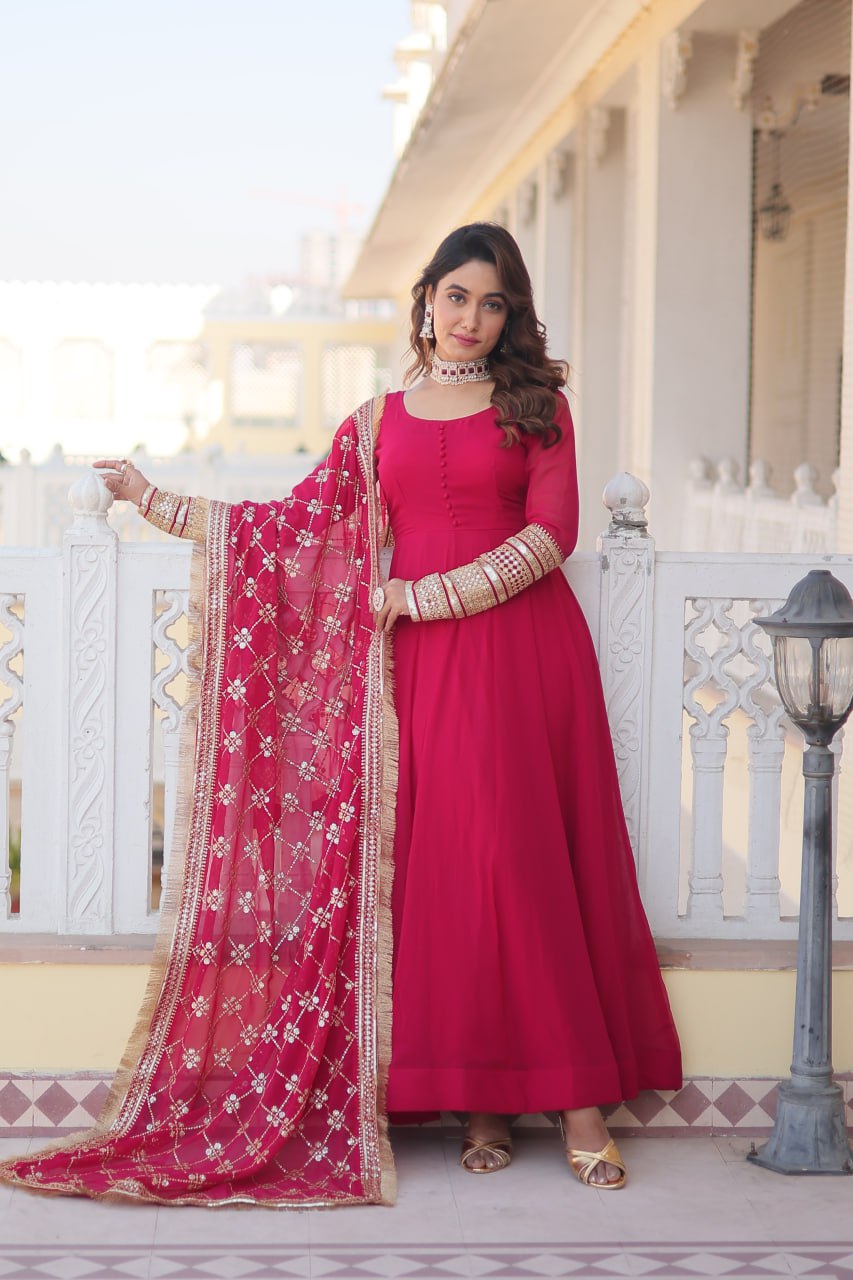 Pink Faux Blooming Gown with Dupatta Featuring Attractive Embroidered Sequins Work and Lace Border