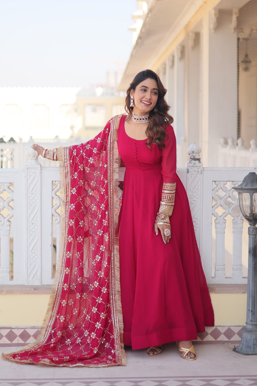 Pink Faux Blooming Gown with Dupatta Featuring Attractive Embroidered Sequins Work and Lace Border