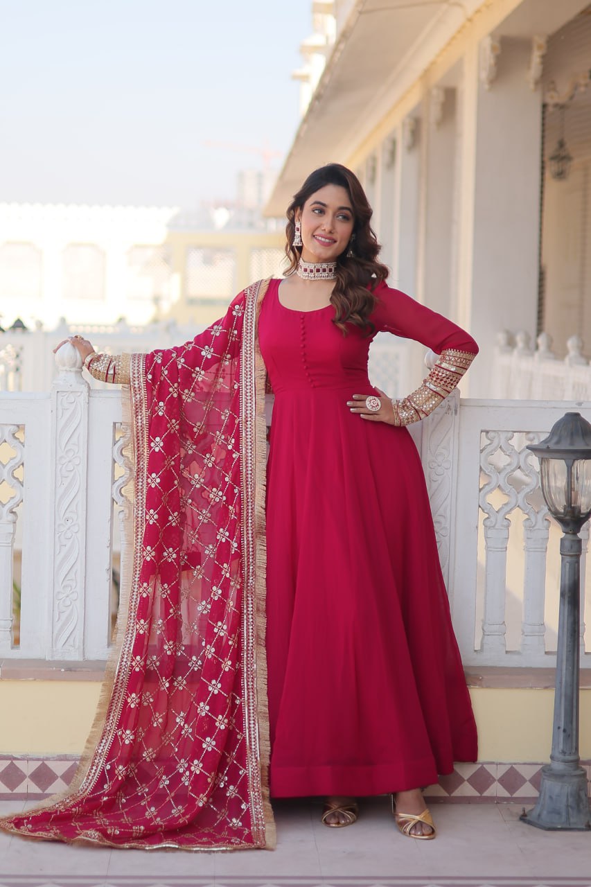 Pink Faux Blooming Gown with Dupatta Featuring Attractive Embroidered Sequins Work and Lace Border