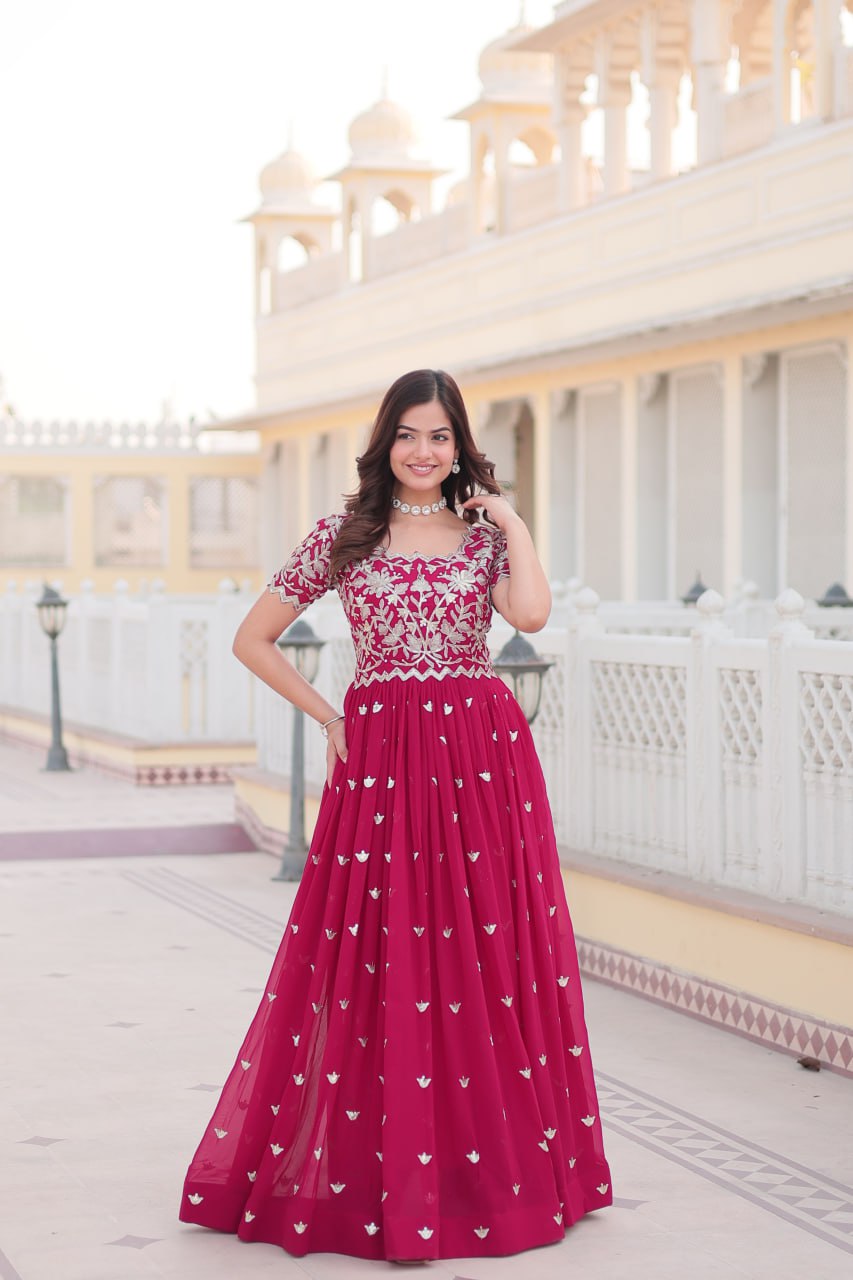 Pink Faux Blooming Sequin Ready to Wear Embroidered Gown