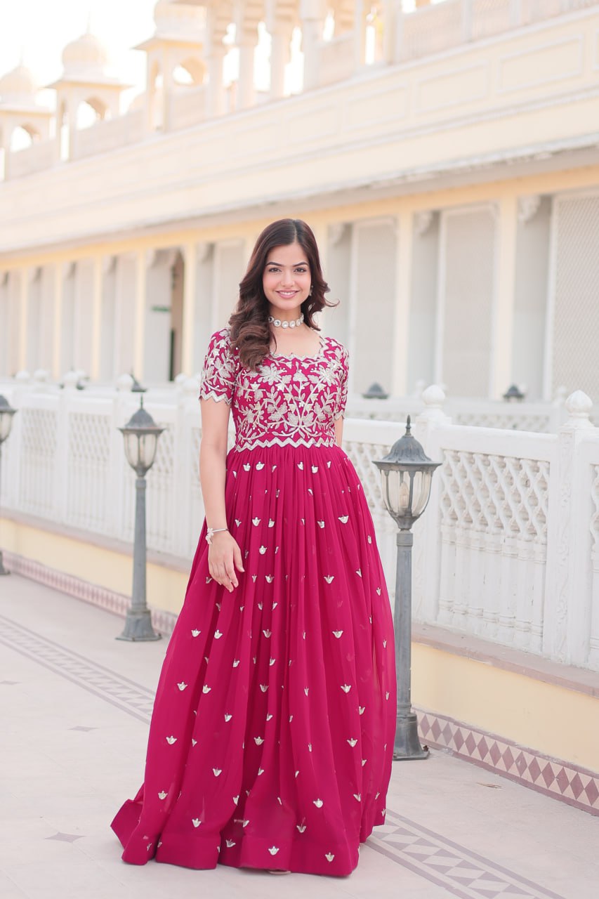 Pink Faux Blooming Sequin Ready to Wear Embroidered Gown