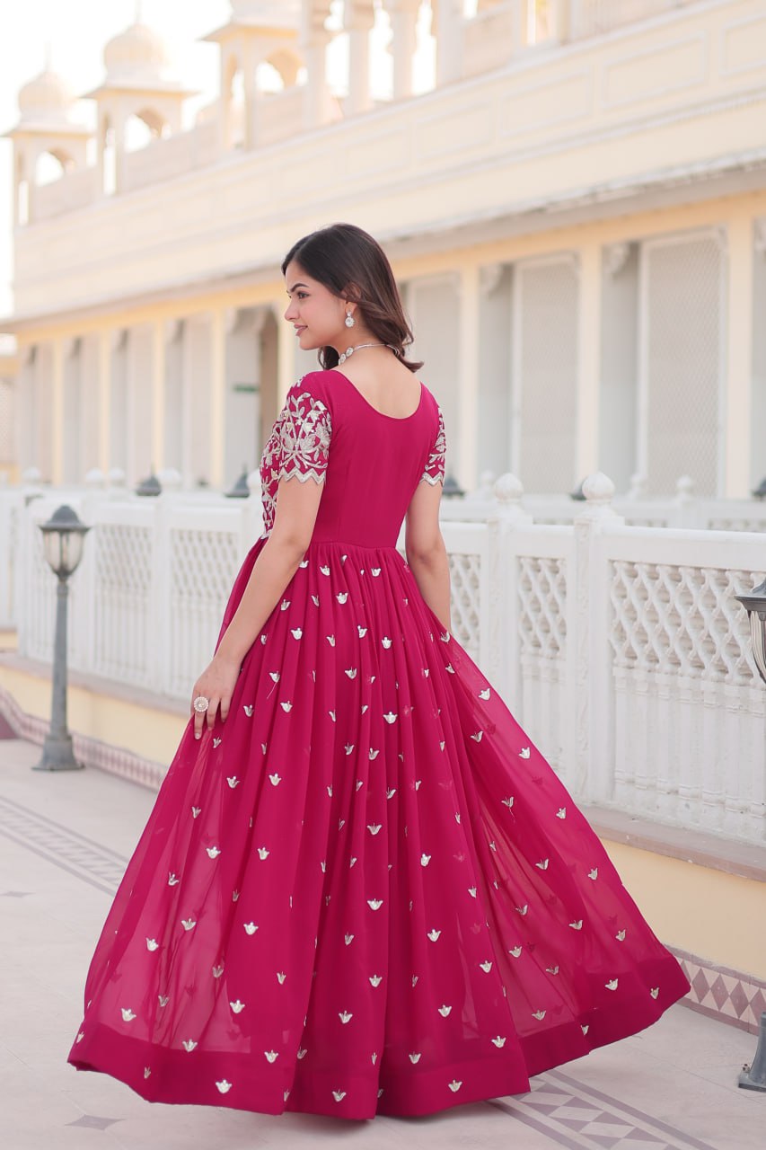 Pink Faux Blooming Sequin Ready to Wear Embroidered Gown