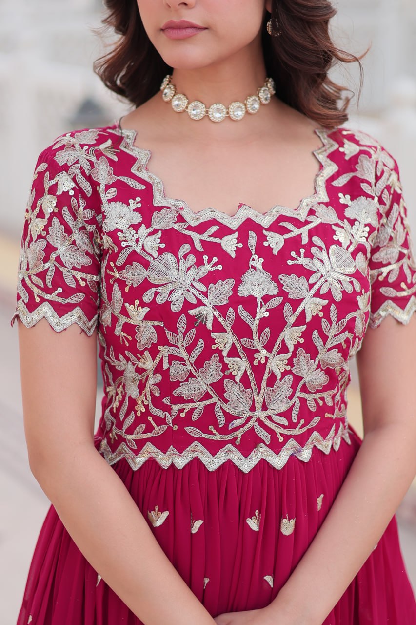 Pink Faux Blooming Sequin Ready to Wear Embroidered Gown