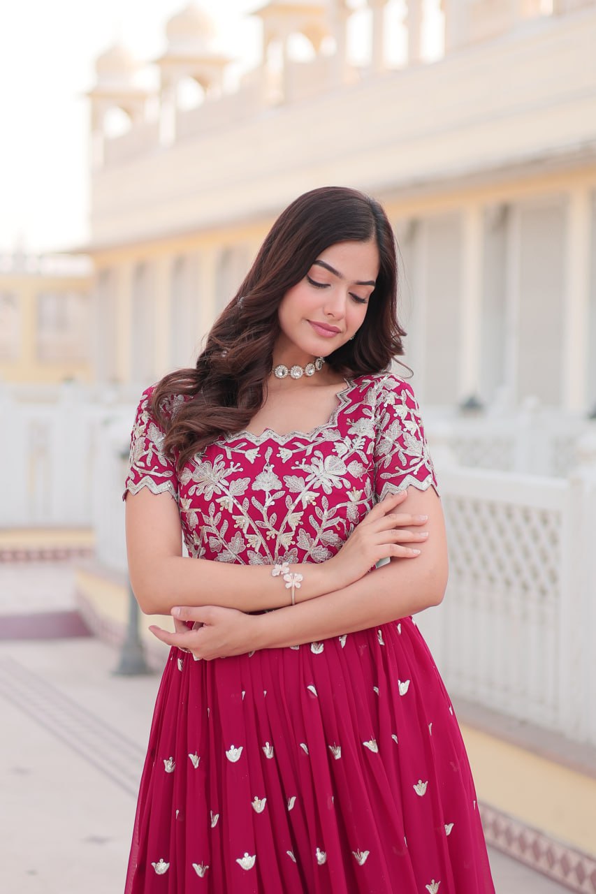 Pink Faux Blooming Sequin Ready to Wear Embroidered Gown