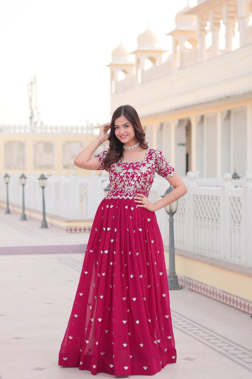 Pink Faux Blooming Sequin Ready to Wear Embroidered Gown