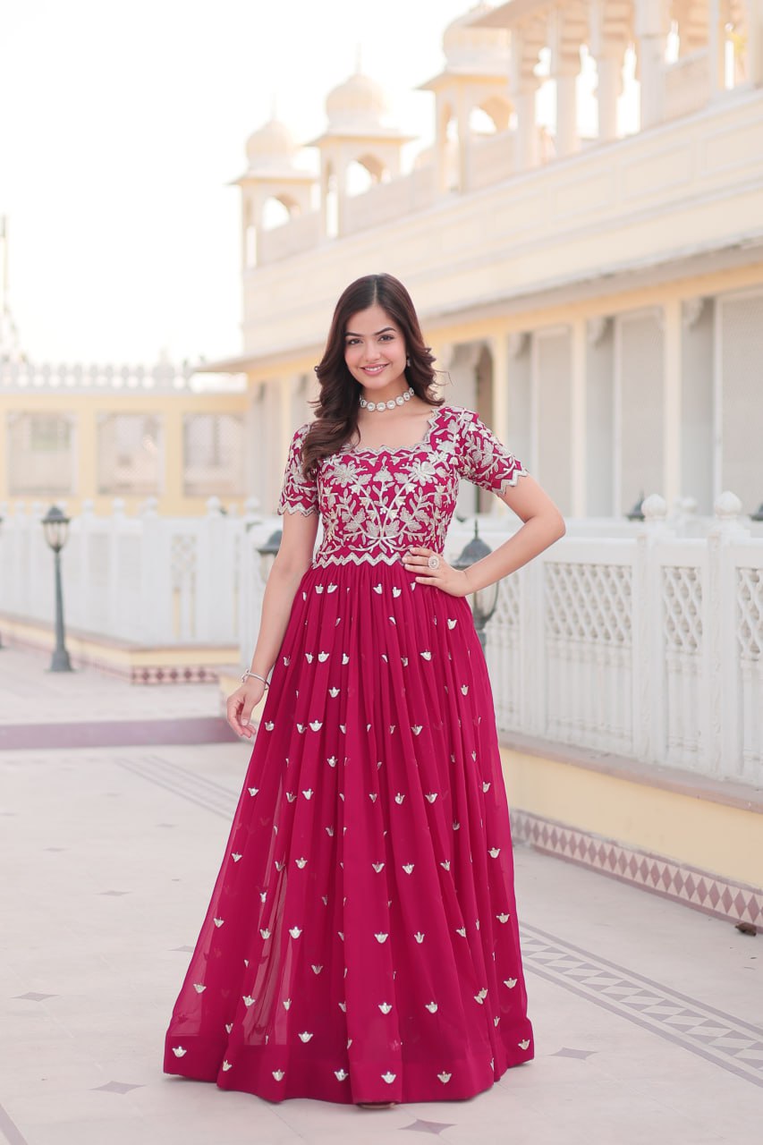 Pink Faux Blooming Sequin Ready to Wear Embroidered Gown