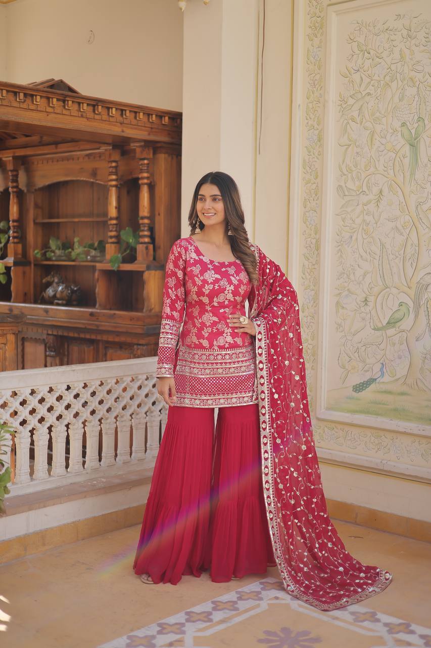 Pink Faux Blooming Sequins & Zari Embroidered Readymade Gharara Suit Set