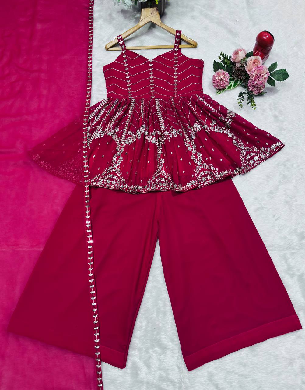 Pink Faux Blooming Sequins & Zari Embroidered Sharara Set