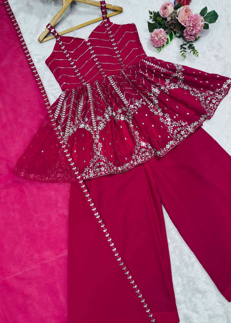 Pink Faux Blooming Sequins & Zari Embroidered Sharara Set