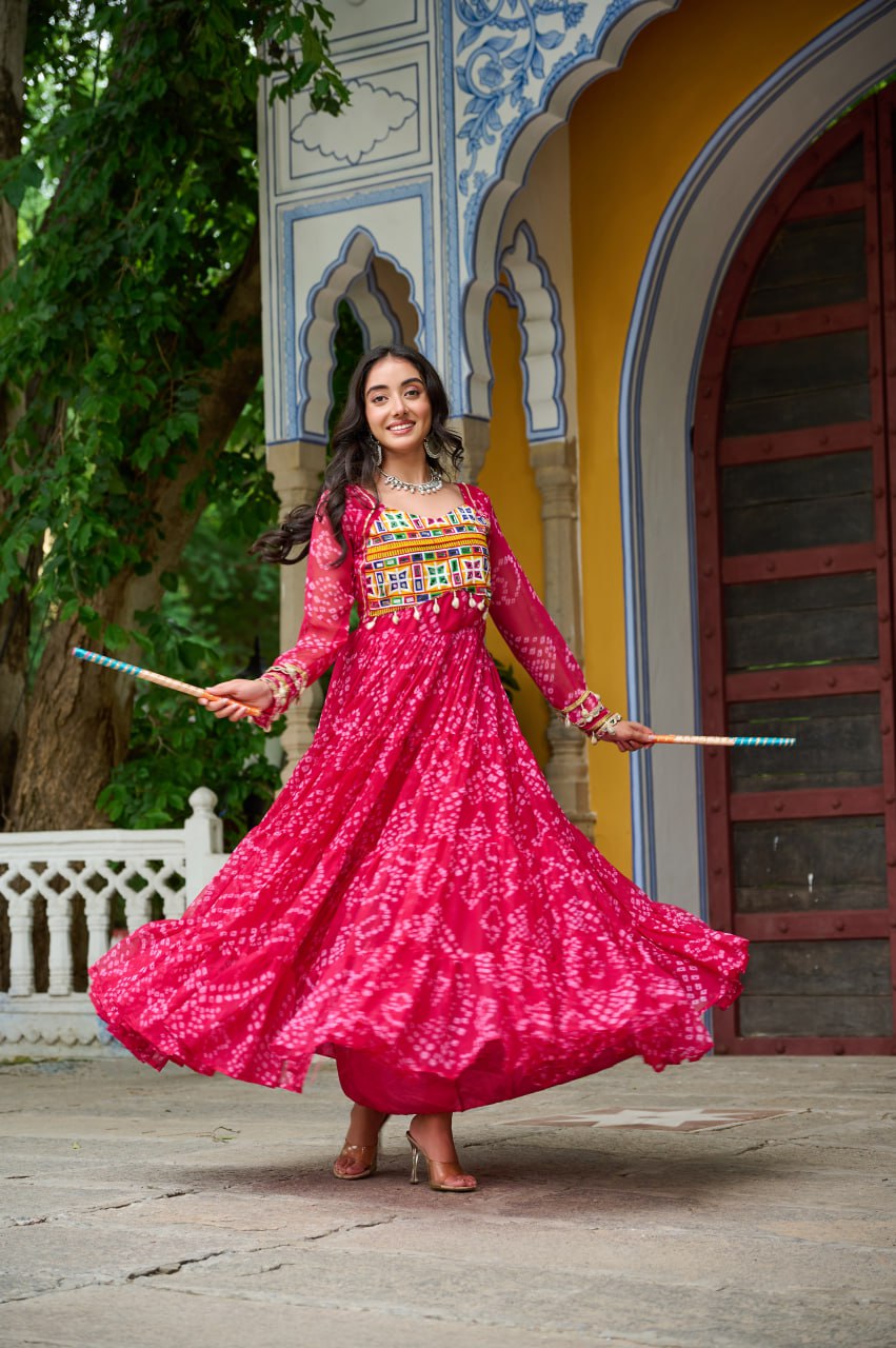 Pink Faux Georgette Bandhani Print Gown with Kutchi Patchwork – Full Sleeves, 12 Meter Flair, Cotton Lining