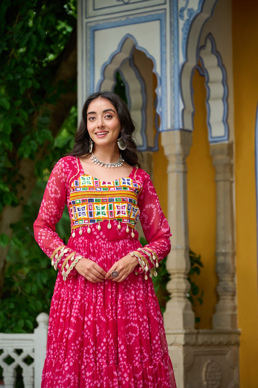 Pink Faux Georgette Bandhani Print Gown with Kutchi Patchwork – Full Sleeves, 12 Meter Flair, Cotton Lining
