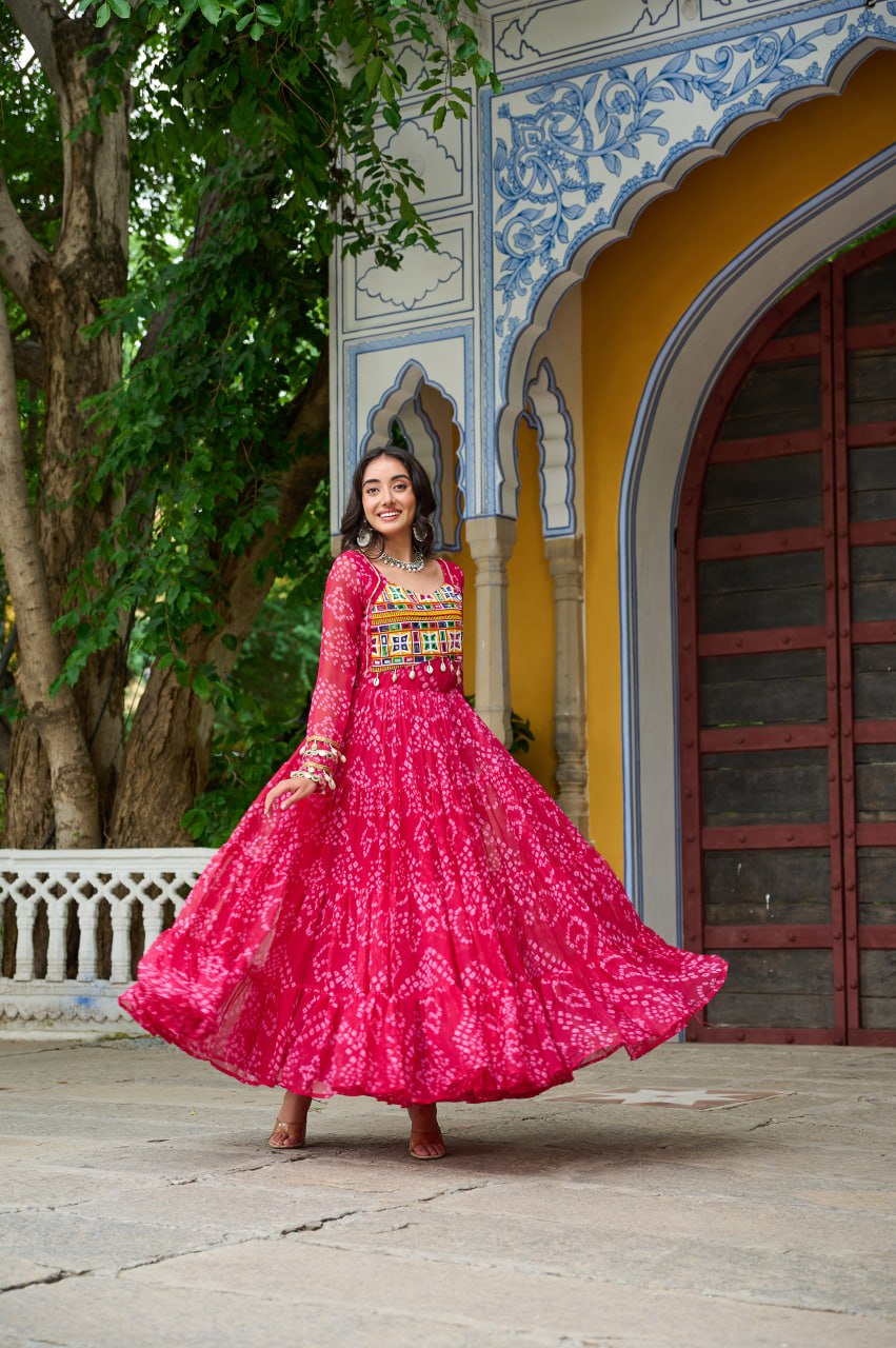 Pink Faux Georgette Bandhani Print Gown with Kutchi Patchwork – Full Sleeves, 12 Meter Flair, Cotton Lining