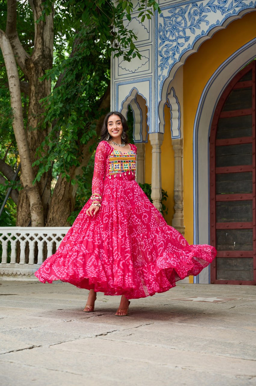 Pink Faux Georgette Bandhani Print Gown with Kutchi Patchwork – Full Sleeves, 12 Meter Flair, Cotton Lining