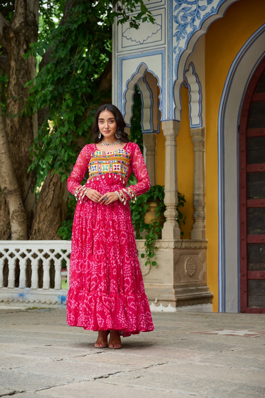 Pink Faux Georgette Bandhani Print Gown with Kutchi Patchwork – Full Sleeves, 12 Meter Flair, Cotton Lining