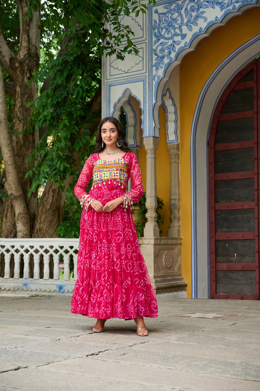 Pink Faux Georgette Bandhani Print Gown with Kutchi Patchwork – Full Sleeves, 12 Meter Flair, Cotton Lining
