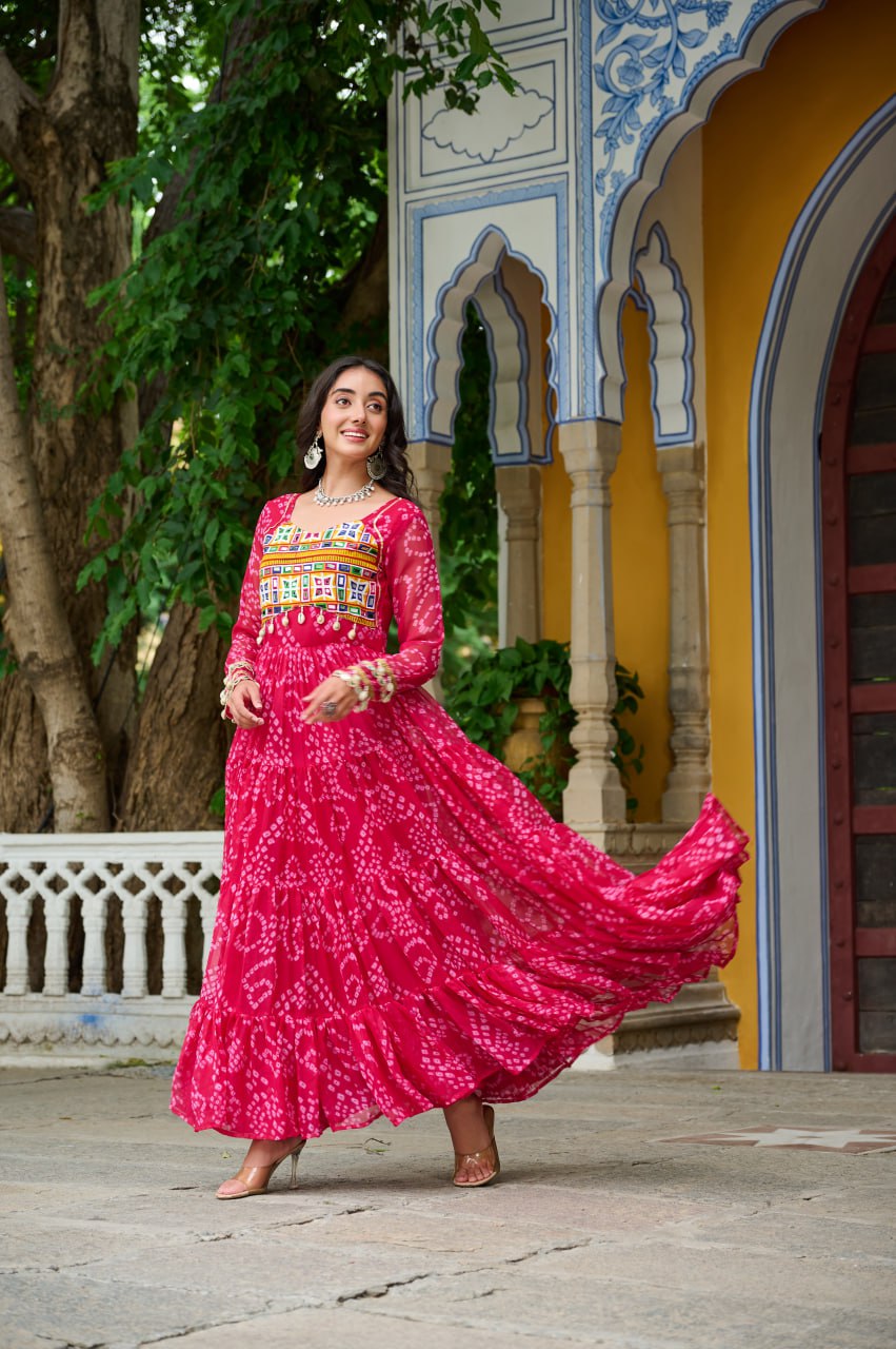 Pink Faux Georgette Bandhani Print Gown with Kutchi Patchwork – Full Sleeves, 12 Meter Flair, Cotton Lining