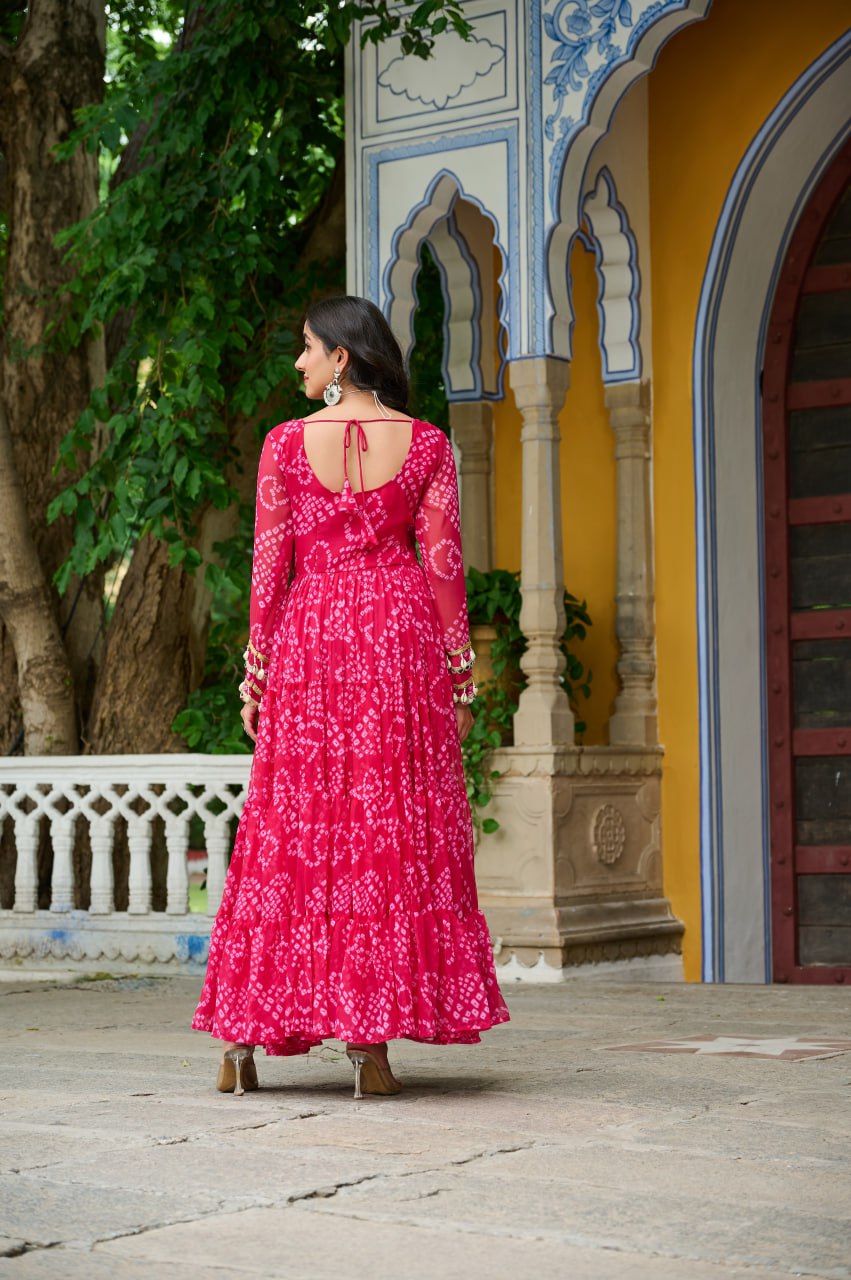 Pink Faux Georgette Bandhani Print Gown with Kutchi Patchwork – Full Sleeves, 12 Meter Flair, Cotton Lining