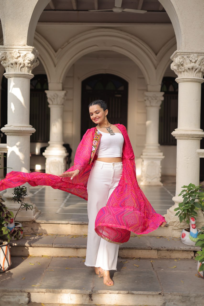 Pink Faux Georgette Bandhani Shrug with Kutchi Patchwork