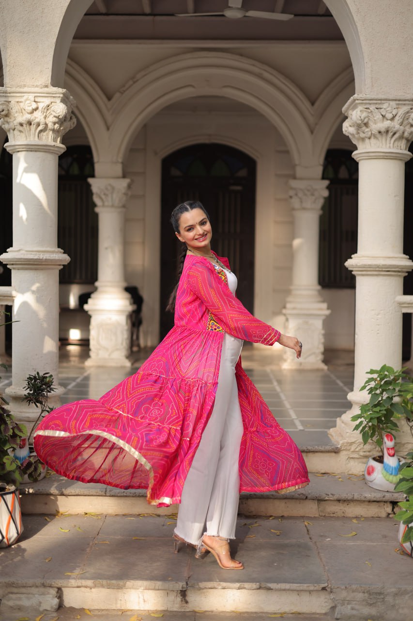 Pink Faux Georgette Bandhani Shrug with Kutchi Patchwork