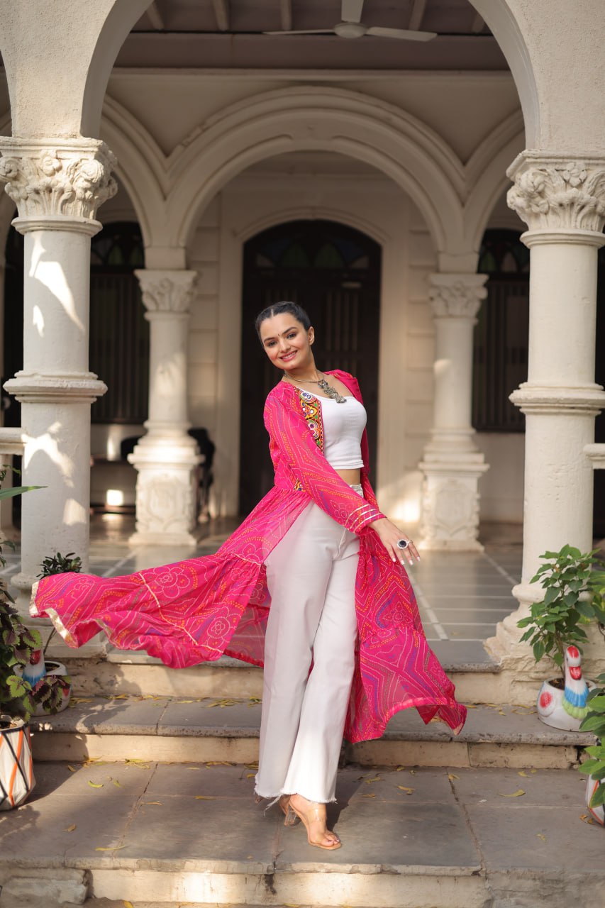 Pink Faux Georgette Bandhani Shrug with Kutchi Patchwork