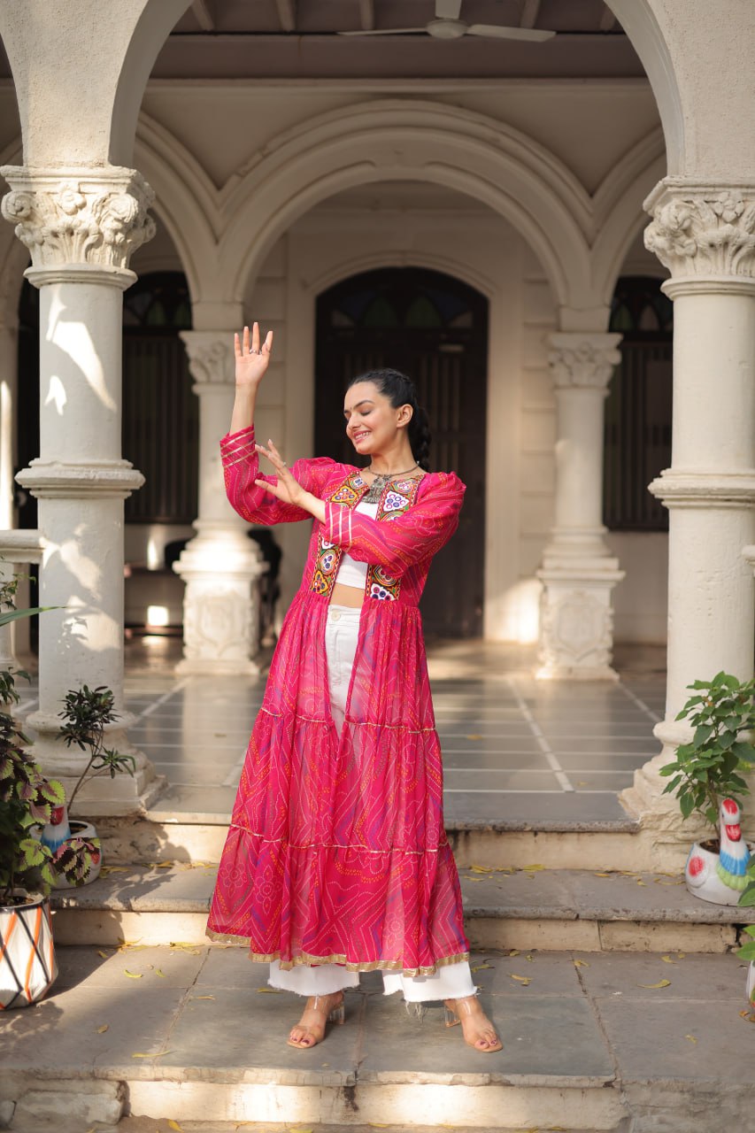 Pink Faux Georgette Bandhani Shrug with Kutchi Patchwork
