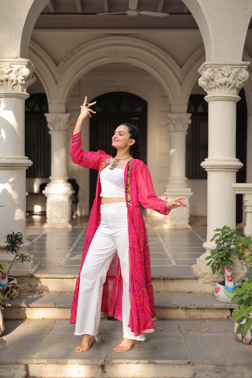 Pink Faux Georgette Bandhani Shrug with Kutchi Patchwork