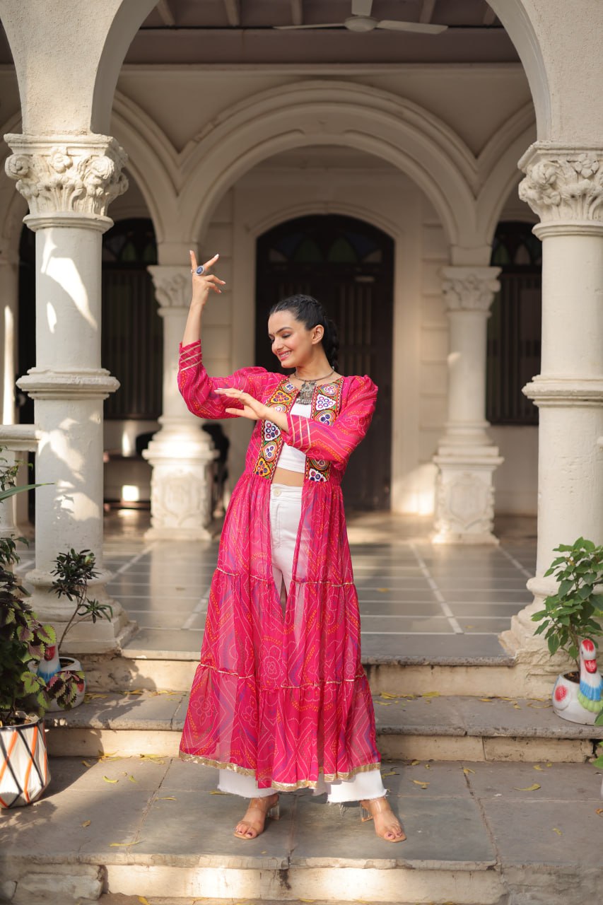 Pink Faux Georgette Bandhani Shrug with Kutchi Patchwork