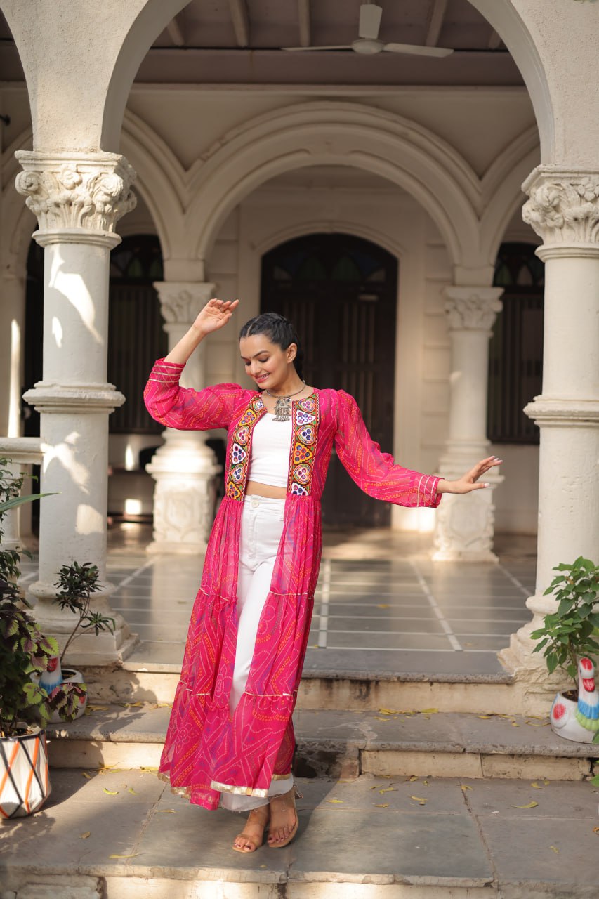 Pink Faux Georgette Bandhani Shrug with Kutchi Patchwork