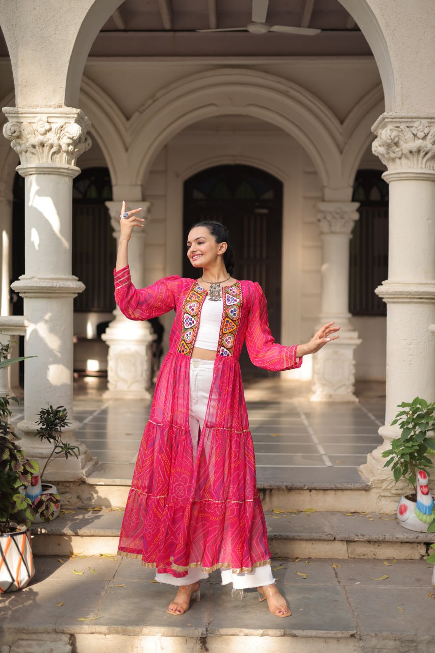Pink Faux Georgette Bandhani Shrug with Kutchi Patchwork