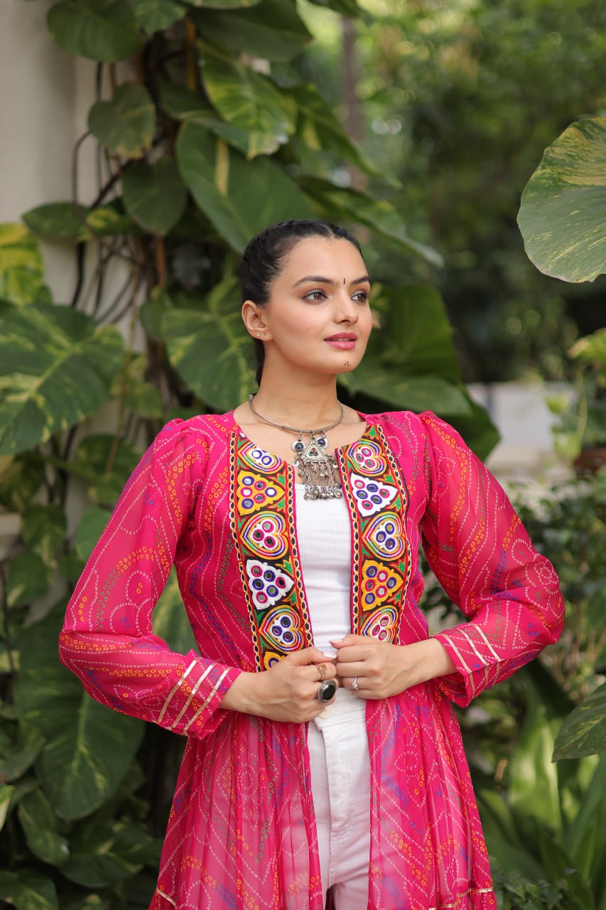 Pink Faux Georgette Bandhani Shrug with Kutchi Patchwork
