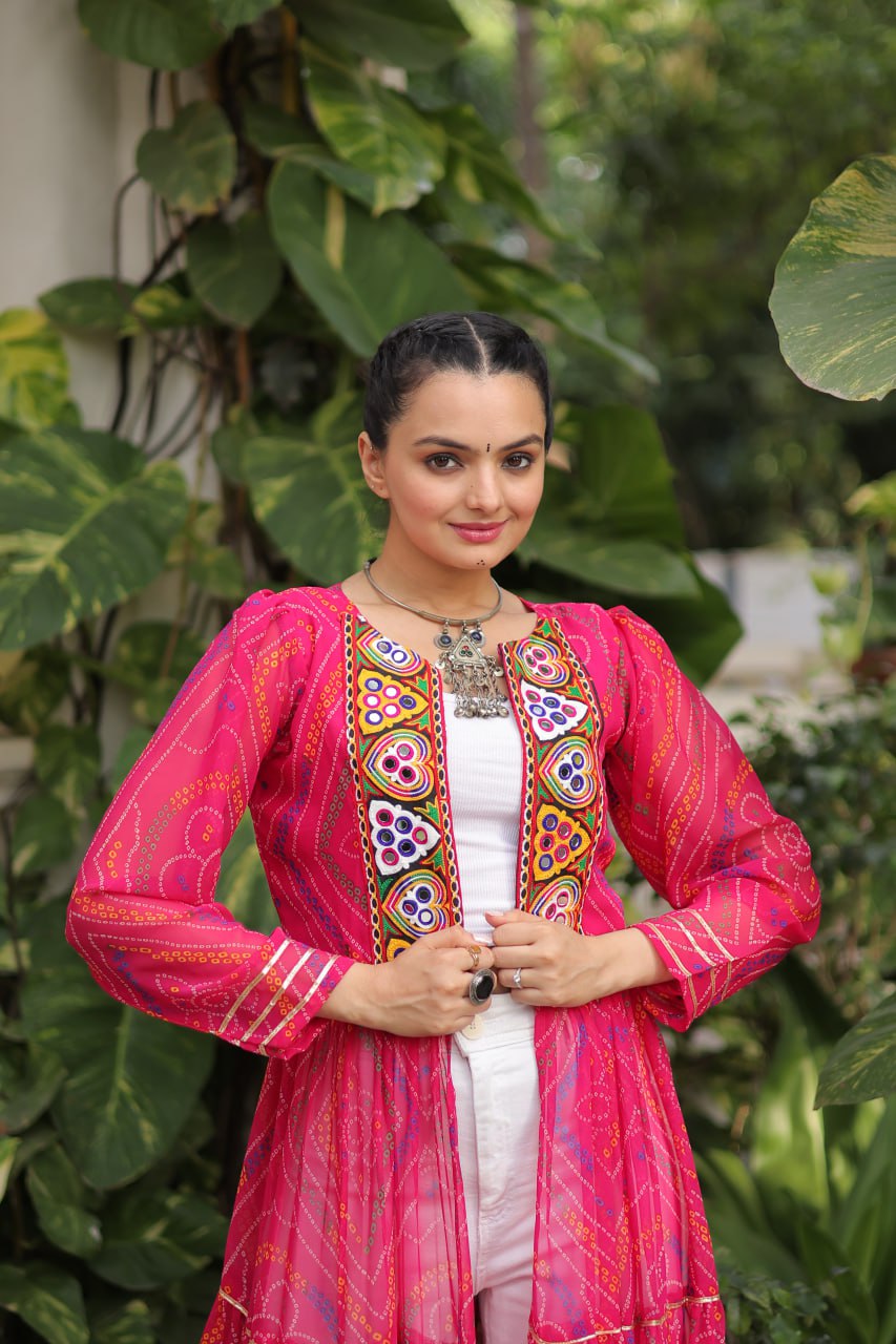 Pink Faux Georgette Bandhani Shrug with Kutchi Patchwork