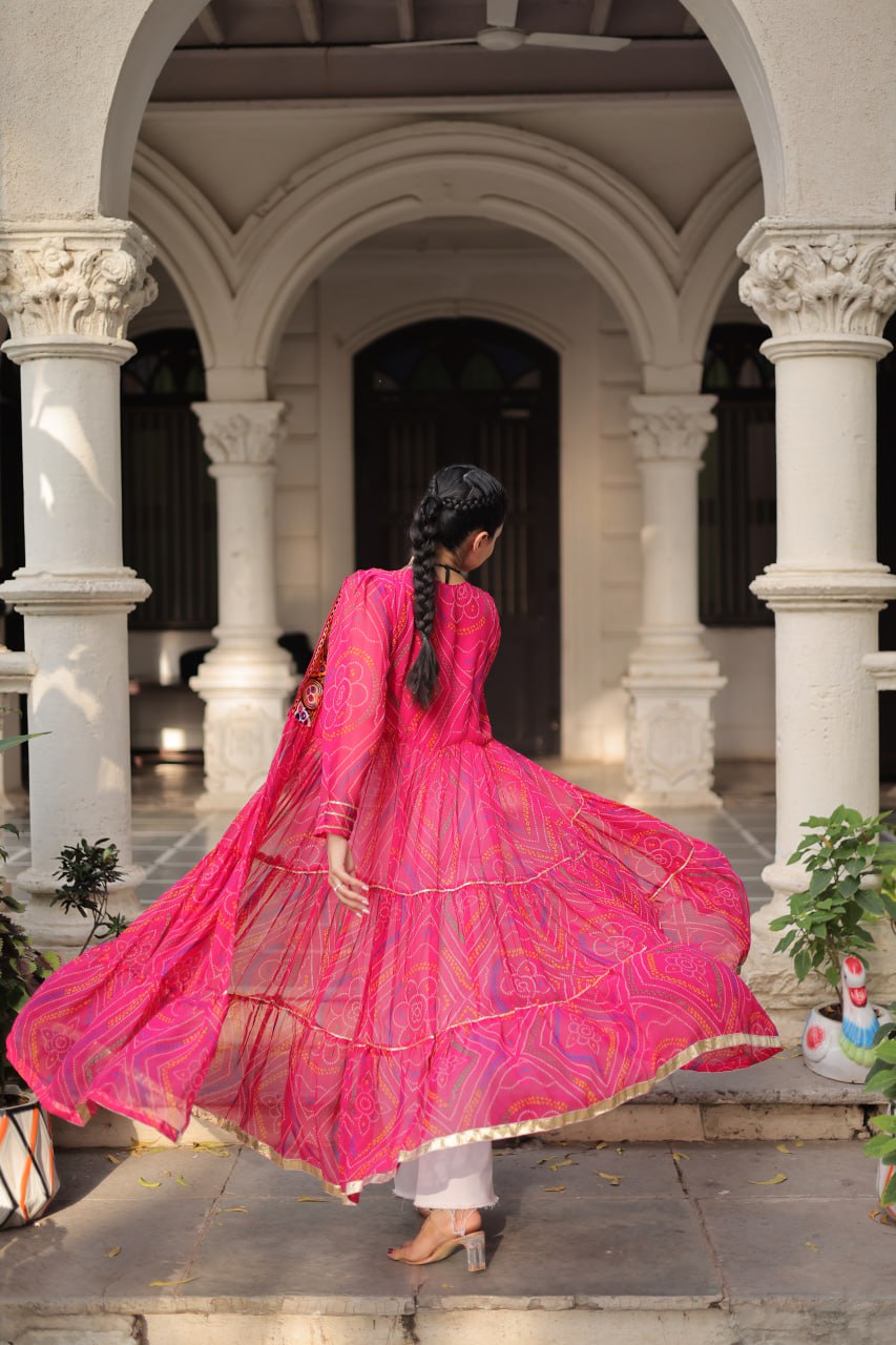Pink Faux Georgette Bandhani Shrug with Kutchi Patchwork