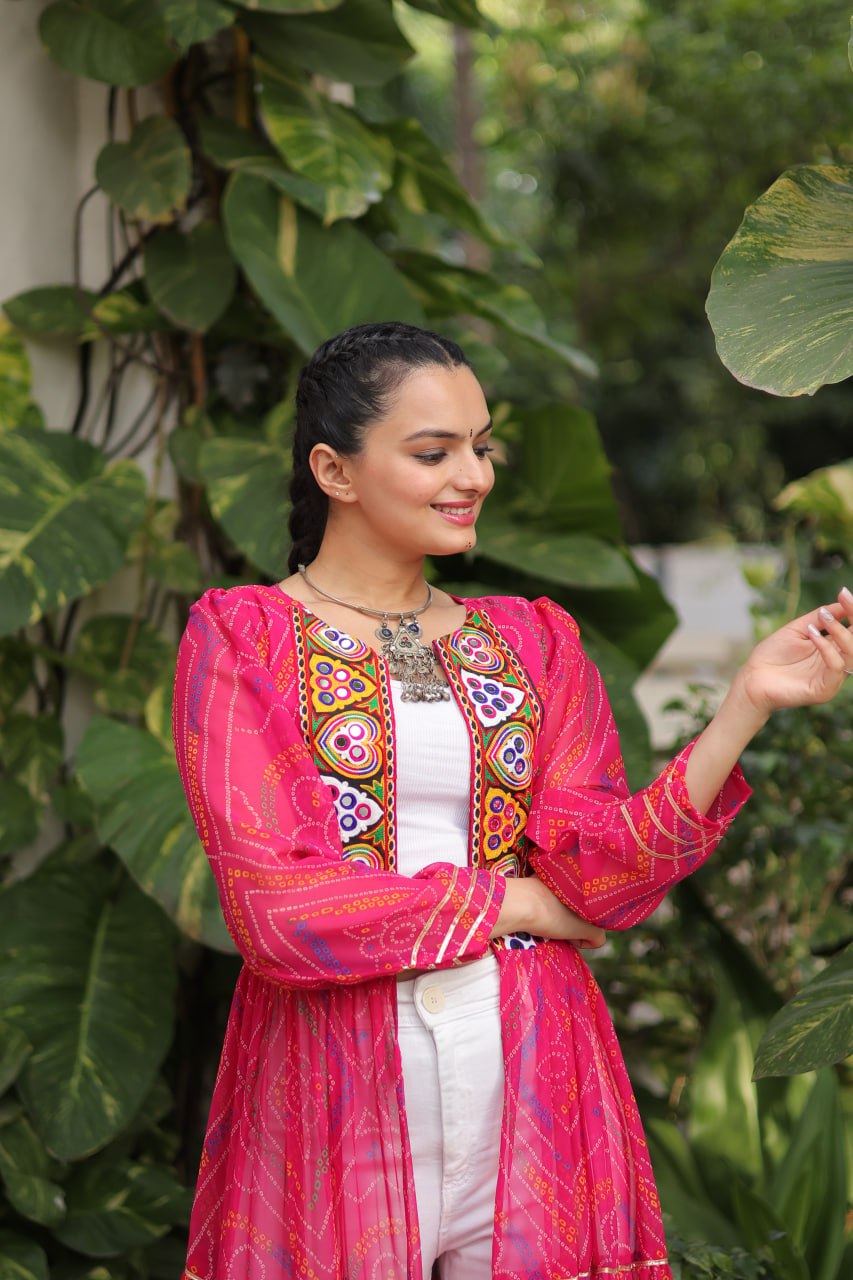 Pink Faux Georgette Bandhani Shrug with Kutchi Patchwork